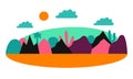 Vector flat illustration with colorfull mountains, tropic trees and clounds. Cute lanscape design for banners, food