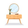 Vector flat illustration with a commode on white background. Modern interior items for room: chest, houseplant, mirror