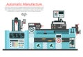 Vector flat illustration of complex engineering machine with pump, pipe, cable, cog wheel, transformation, rotating