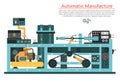 Vector flat illustration of complex engineering machine with pump, pipe, cable, cog wheel, transformation, rotating