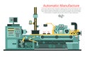 Vector flat illustration of complex engineering machine with pump, pipe, cable, cog wheel, transformation, rotating