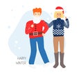 Vector Flat Illustration of Couple in Ugly Sweater Royalty Free Stock Photo