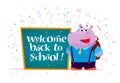 Vector flat illustration with cute cartoon hippo student standing at chalkboard on white background. Royalty Free Stock Photo