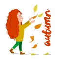 Vector flat illustration of a dancing girl in falling leaves. A girl with red hair in a yellow sweater. Autumn greetings Royalty Free Stock Photo