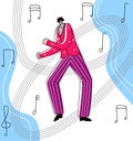 Vector flat illustration dancing man on abstract background in form of melody notes