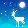 Vector flat Illustration of deer with horns on blue colors gradient sky with Full Moon and constellation of stars and soft light