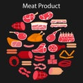 Vector flat illustration with different kinds of meat