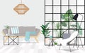 Classy living room interior with scandinavian sofa, armchair and urban jungle