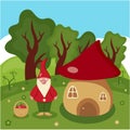 Vector flat illustration of a dwarf in the forest. Cute gnome near his house in a summer glade. Beautiful cartoon landscape.