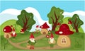 Vector flat illustration of a dwarf village. Cute gnomes in a summer glade. Beautiful cartoon landscape. Children`s illustration.