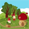 Vector flat illustration of a dwarf village. Two cute gnomes in a summer glade in the forest. Beautiful cartoon landscape.