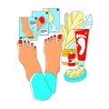 Vector flat illustration with enlarged legs, on background of web design elements in form of icons on theme nail care