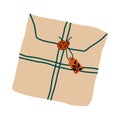 vector flat illustration Envelope or package delivery gift with mail and Postcards. Different objects, Craft paper, twine, sealing