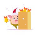Vector flat illustration of funny little pig elf in santa hat and box of door bells isolated on white background.