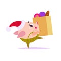 Vector flat illustration of funny little pig elf in santa hat carrying box with New year decoration balls isolated on white backgr Royalty Free Stock Photo