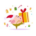 Vector flat illustration of funny little pig elf in santa hat carrying gift box isolated on white background. Royalty Free Stock Photo