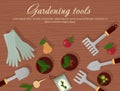 Vector flat illustration of garden agricultural accessories, tools, instruments. Equipment for farmyard. Trowel, shovel