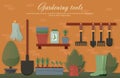 Vector flat illustration of garden agricultural accessories, tools, instruments. Equipment for soil work. Trowel, shovel