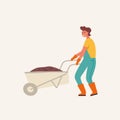 Vector flat illustration of gardener character. Young man holding wheelbarrow of earth.
