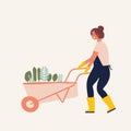 Vector flat illustration of gardener character. Young woman holding wheelbarrow of earth with plants.