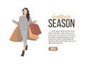 Vector flat illustration girl on shopping. Young stylish woman with lot of bags art. Modern weekend relax clipart. Web