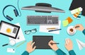 Vector flat illustration of graphic designer`s desk, workplace with various equipment, top view Royalty Free Stock Photo