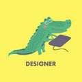 Vector flat illustration of green crocodile in cute freehand style. Royalty Free Stock Photo