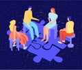 Vector flat illustration with group psychological therapy on background of abstract puzzle