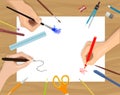 Vector flat illustration of hands painting, drawing and crafting