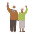 Vector flat illustration of happy cheerful senior couple of african american man and woman, holding hands, waving hands Royalty Free Stock Photo