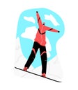 Vector flat illustration happy man riding down mountain and jumping on snowboard Royalty Free Stock Photo