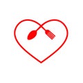 Love food modern style logo design. a spoon knife and a fork in the shape of a heart.