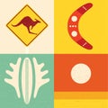 Vector illustration icon set of Australia: kangaroo, boomerang, surfing, nature