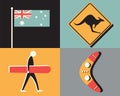 Vector illustration icon set of Australia: kangaroo, boomerang, surfing, nature