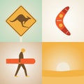 Vector illustration icon set of Australia: kangaroo, boomerang, surfing, nature