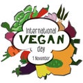 Vector flat illustration of the International Vegan Day. Suitable for greeting card, poster and banner. Geometric