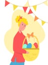 Vector isolated happy woman, with Easter basket.