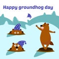 Vector flat illustration isolated on white background. Text. Happy Groundhog Day design. Set of bright marmots. The cute