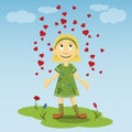 little girl standing on a green lawn in a dress of flowers spreading his hands to the sides of which rise up the heart Royalty Free Stock Photo