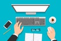 Vector flat illustration of man`s hands working on computer with coffee, notebook, glasses and phone on the table - top view