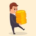 Vector flat illustration. Manager character with gold coin in hand. smiling and holding in . Funny cartoon