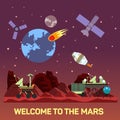 Vector flat illustration of Mars colony with comets, meteors, craters, satellites, bases, rover, shuttles in space