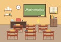 Vector flat illustration of mathematic classroom at the school, university, institute, college. Desks with books rulers