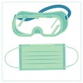 Vector flat illustration with a medical protective fabric mask and safety glasses, goggles. For your web, logo, app, UI