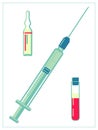 Vector flat illustration with medical syringe for injectings, vials with medicine and test tube with blood. Isolated