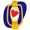 Vector flat illustration-metaphor of lively, abstract, happy sleeping heart in vintage lamp.