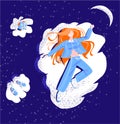 Vector flat illustration of metaphor with young woman who is sleeping sweetly on cloud.