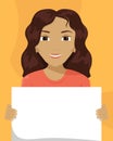 Vector flat illustration of a mixed-race woman with a placard in her hands. Racial diversity