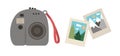 Vector flat illustration of a modern instant camera with photos. Trendy photo equipment icon with shots. Travel object isolated on