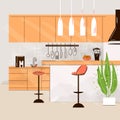 Vector flat illustration of Modern Kitchen Interior Empty No People House Room with kitchen furniture, table, chairs and Royalty Free Stock Photo